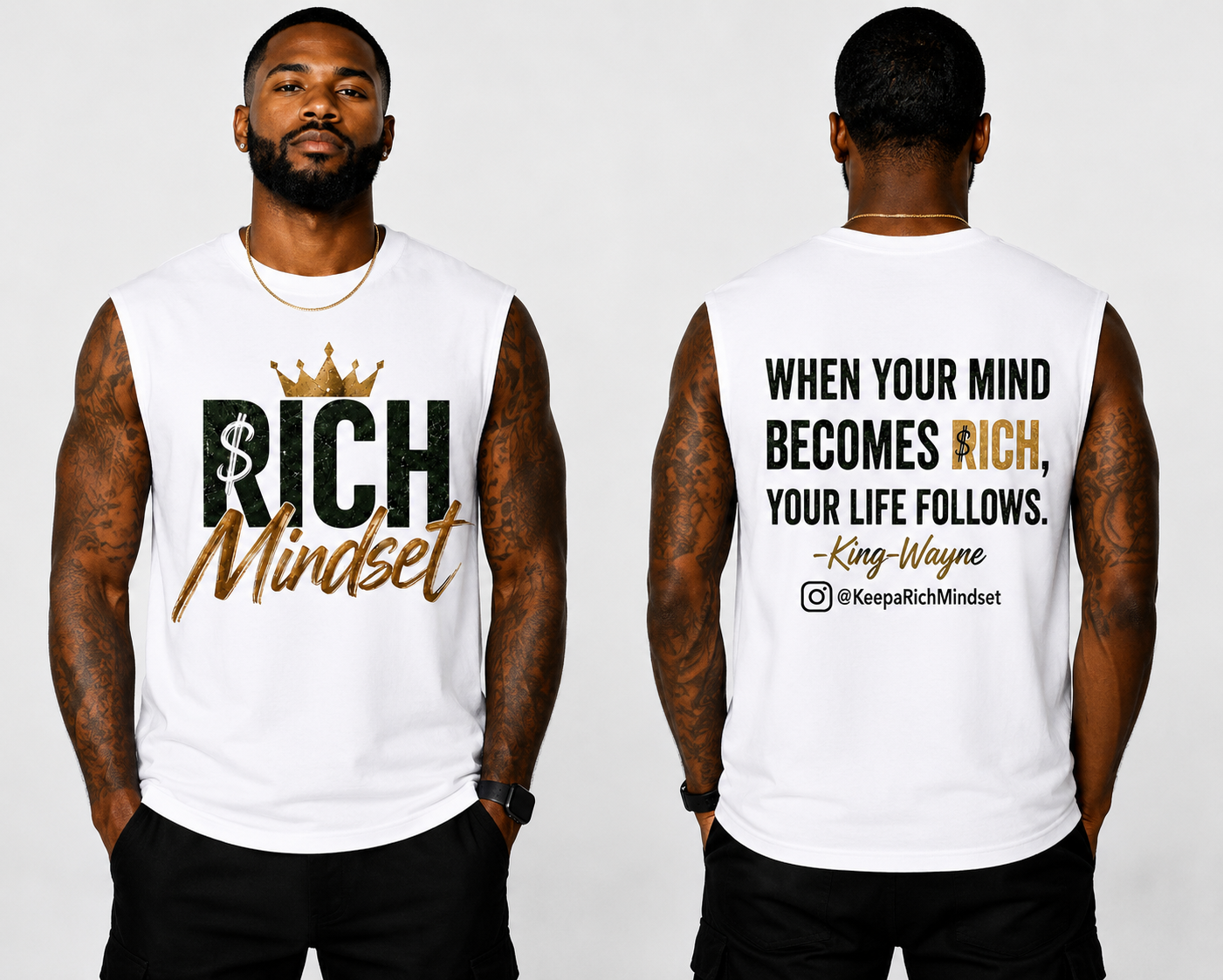 Men’s Cutoff Sleeve Tan & white Rich Mind$et Signature Motivation Tee