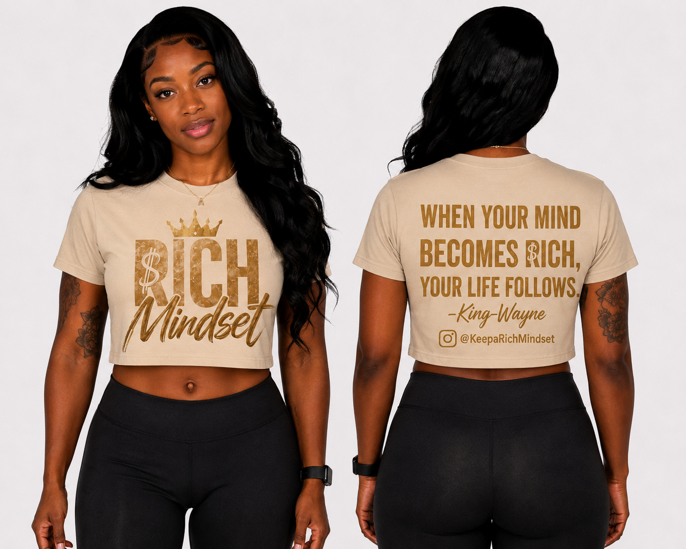 Women’s Crop Top Tan/Gold Rich Mind$et Signature Motivation Tee