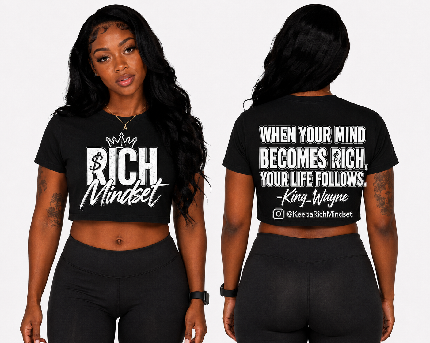 Women’s Crop Top black & White Rich Mind$et Signature Motivation Tee