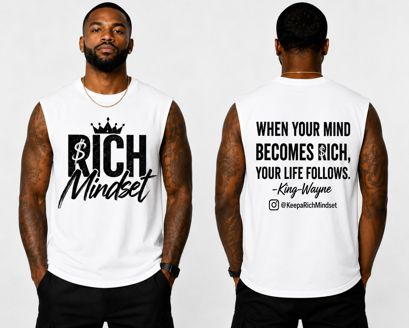 Men’s Cutoff Sleeve Black/White Rich Mind$et Signature Motivation Tee