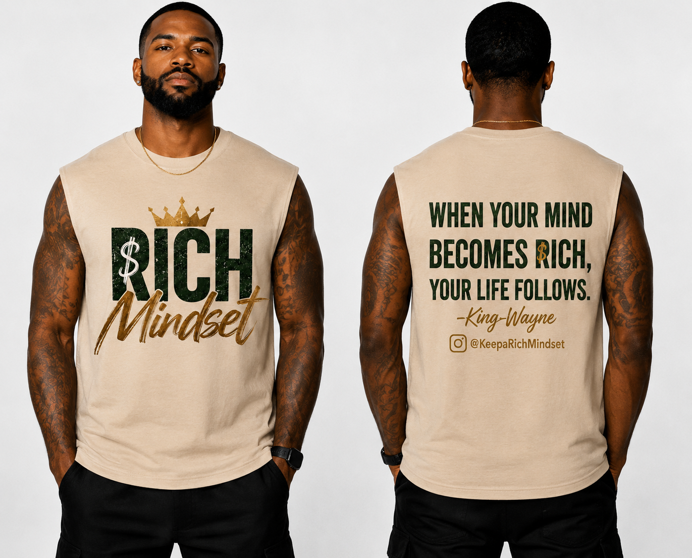 Men’s Cutoff Sleeve Tan & white Rich Mind$et Signature Motivation Tee