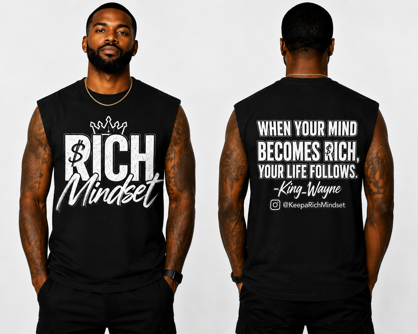 Men’s Cutoff Sleeve Black/White Rich Mind$et Signature Motivation Tee