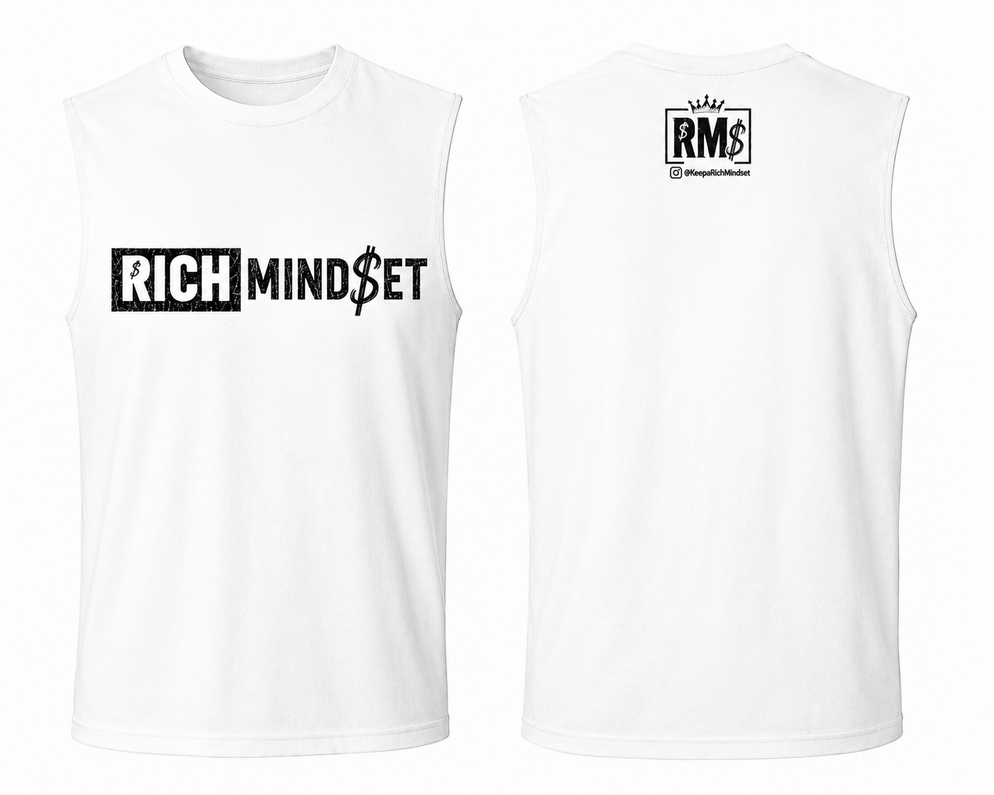 Men’s Black & White Cutoff Sleeve Rich Mind$et Original Tee