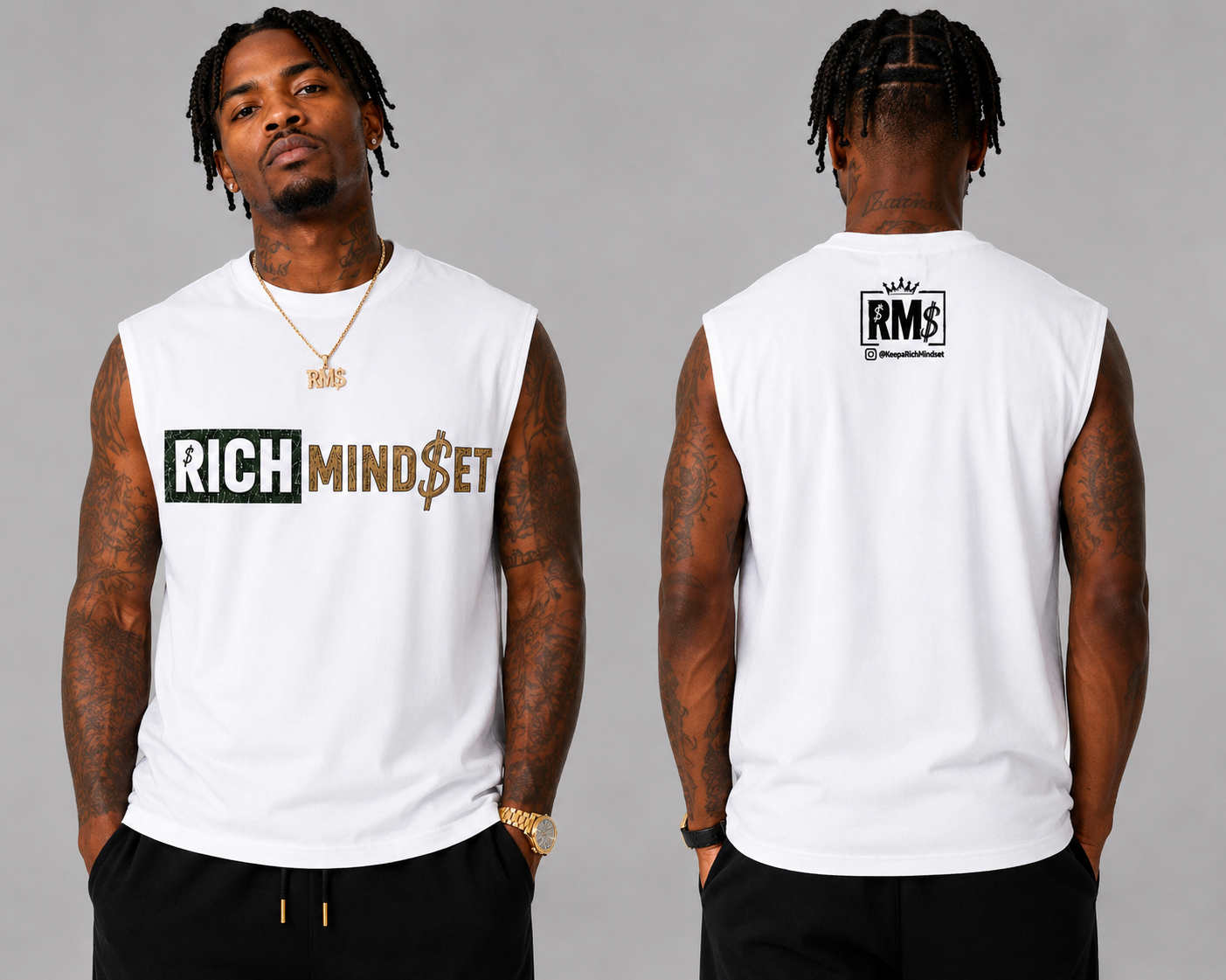 Men’s Green/Gold Cutoff Sleeve Rich Mind$et Original Tee