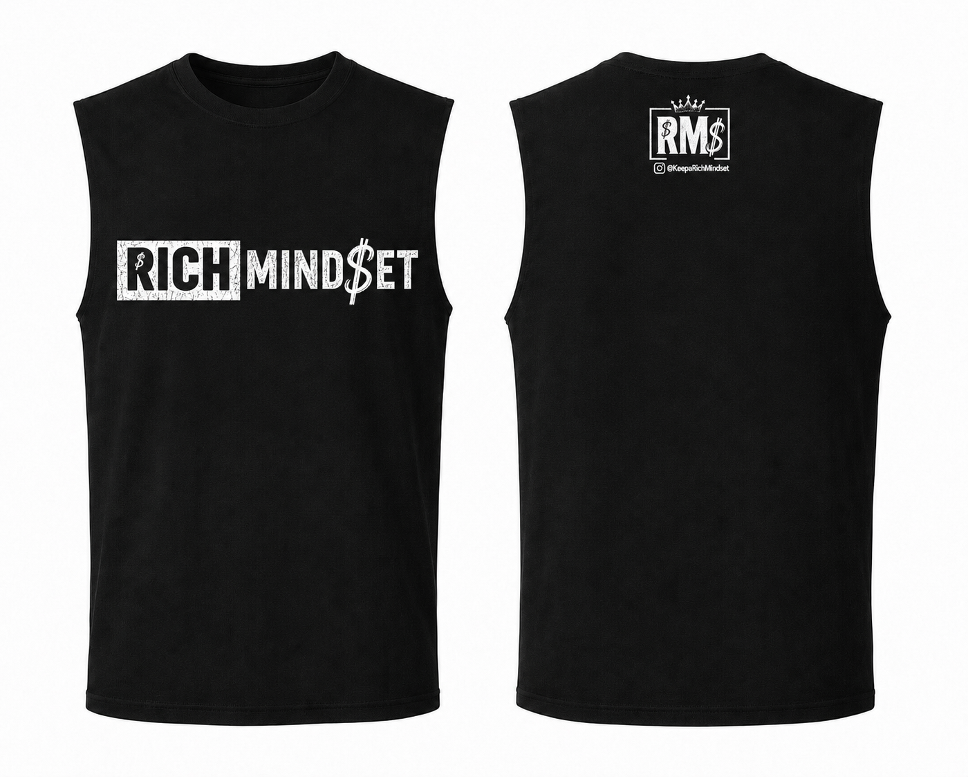 Men’s Black & White Cutoff Sleeve Rich Mind$et Original Tee