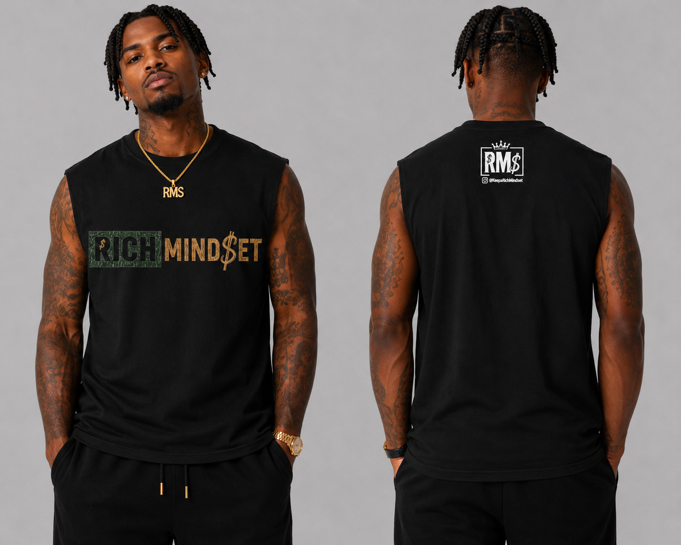 Men’s Green/Gold Cutoff Sleeve Rich Mind$et Original Tee