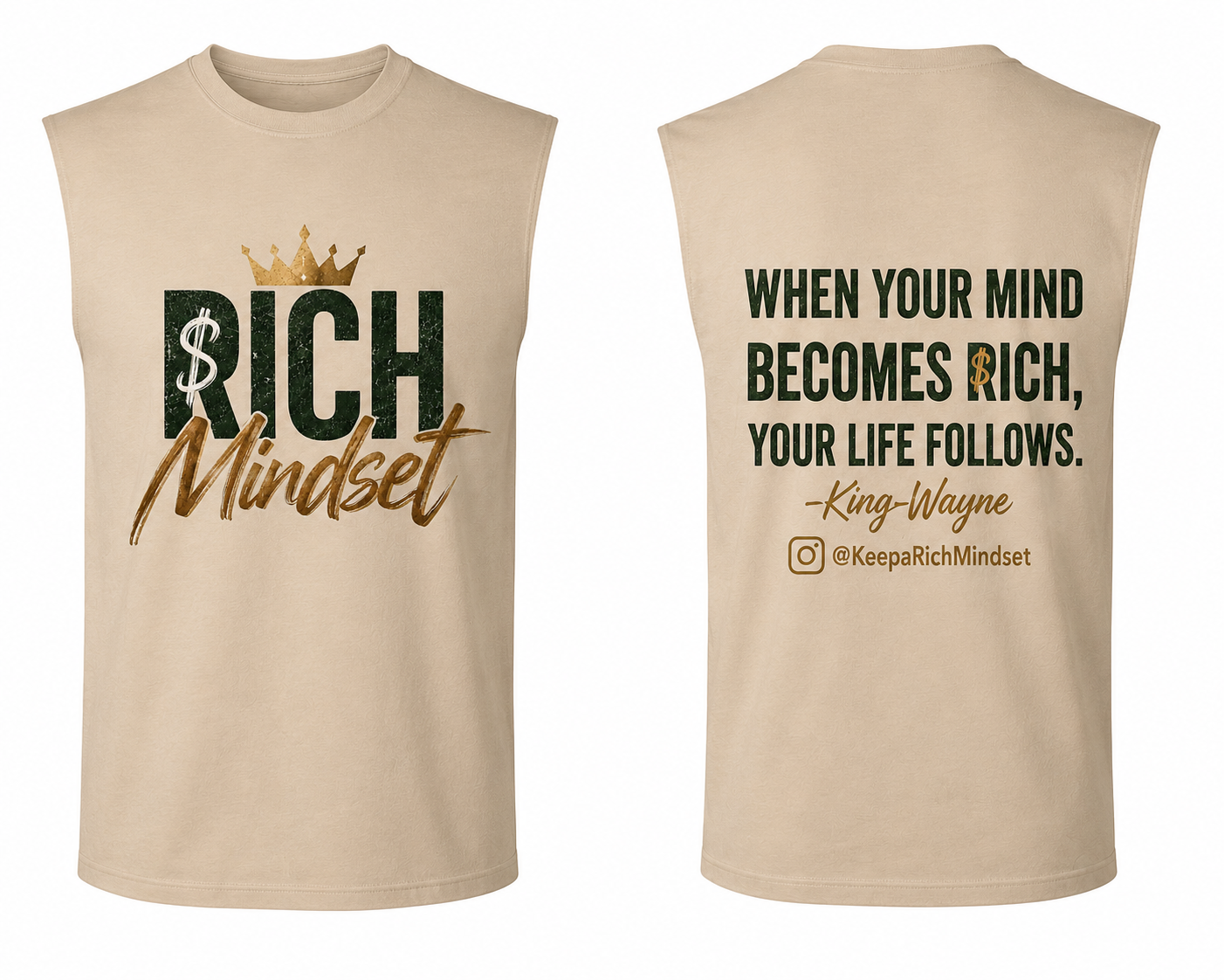 Men’s Cutoff Sleeve Tan & white Rich Mind$et Signature Motivation Tee