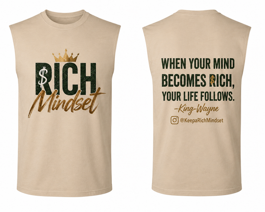 Men’s Cutoff Sleeve Tan & white Rich Mind$et Signature Motivation Tee